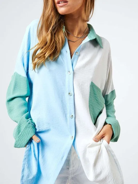 Modern Day Color Blocked Button Down Long Sleeve Top