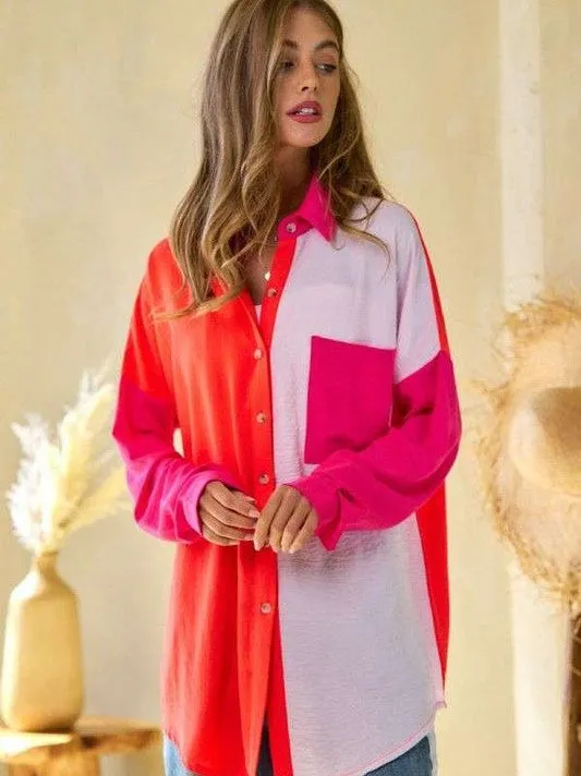 Modern Day Color Blocked Button Down Long Sleeve Top