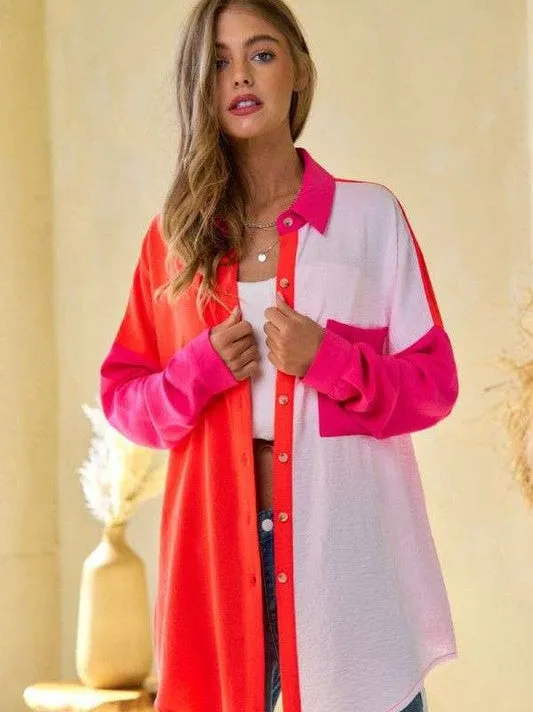 Modern Day Color Blocked Button Down Long Sleeve Top