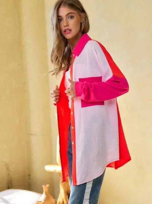 Modern Day Color Blocked Button Down Long Sleeve Top