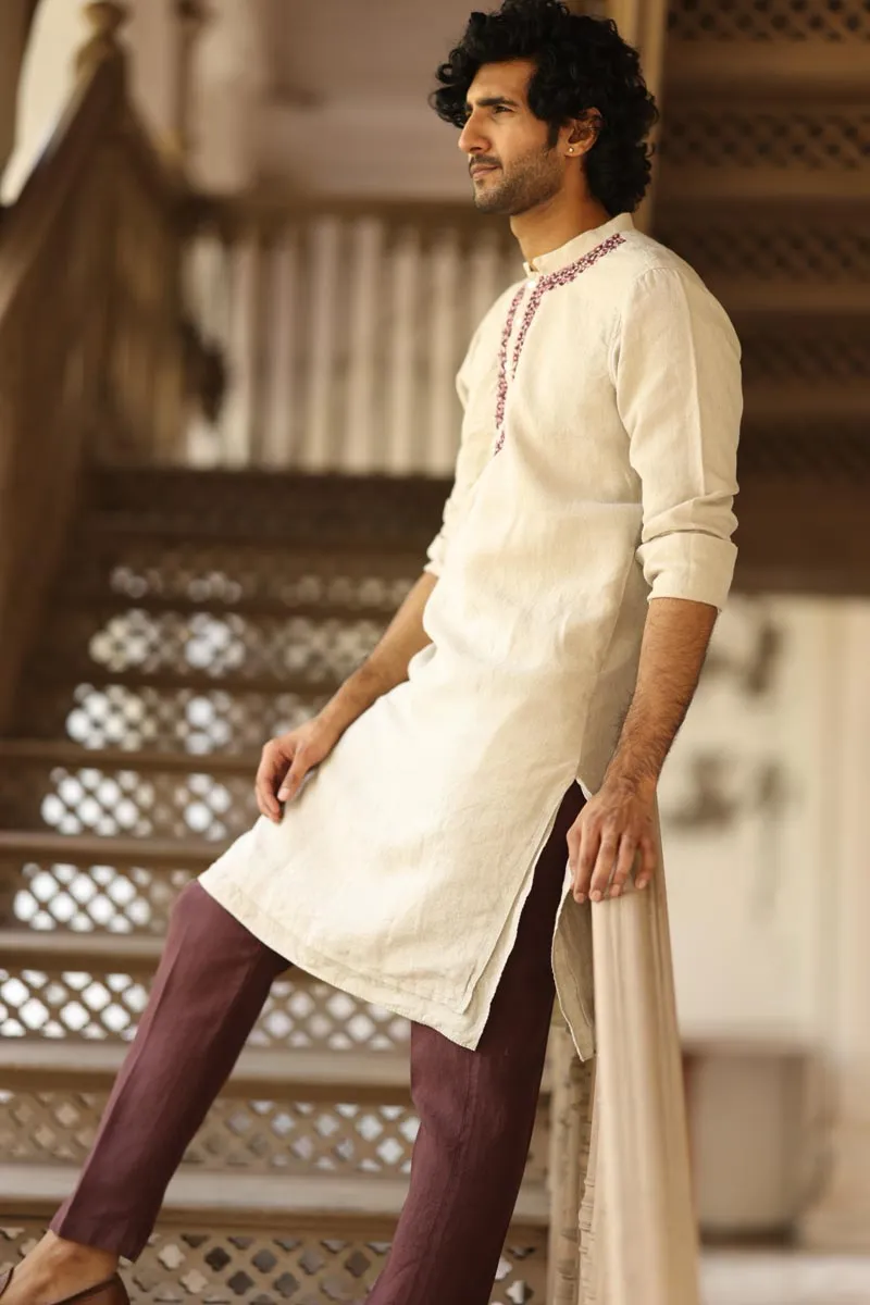 Natural Colour Placket Embroidered Kurta Set