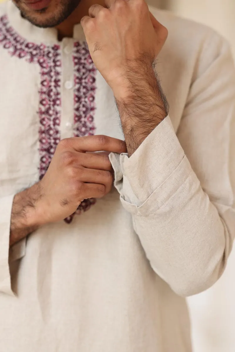 Natural Colour Placket Embroidered Kurta Set