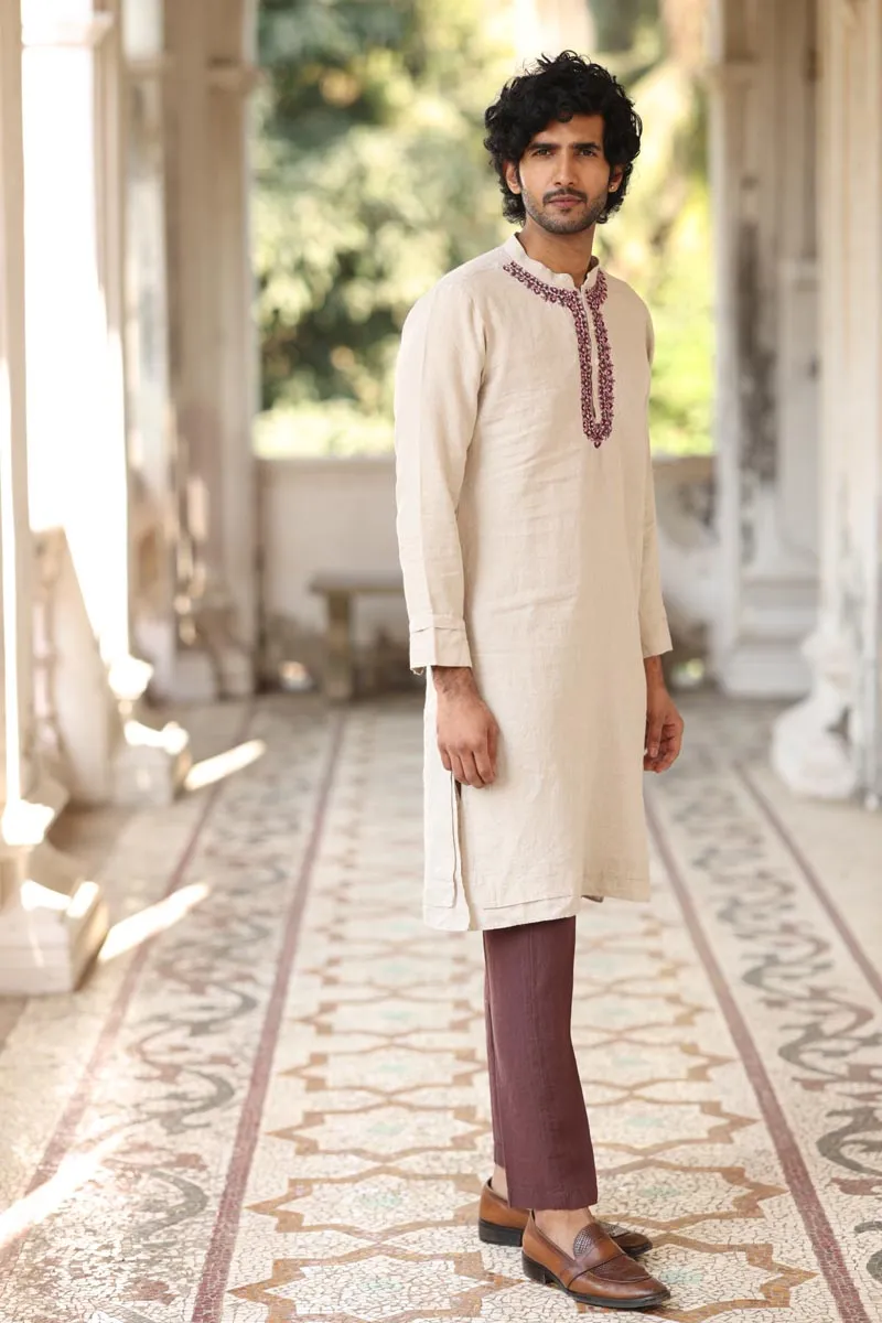 Natural Colour Placket Embroidered Kurta Set