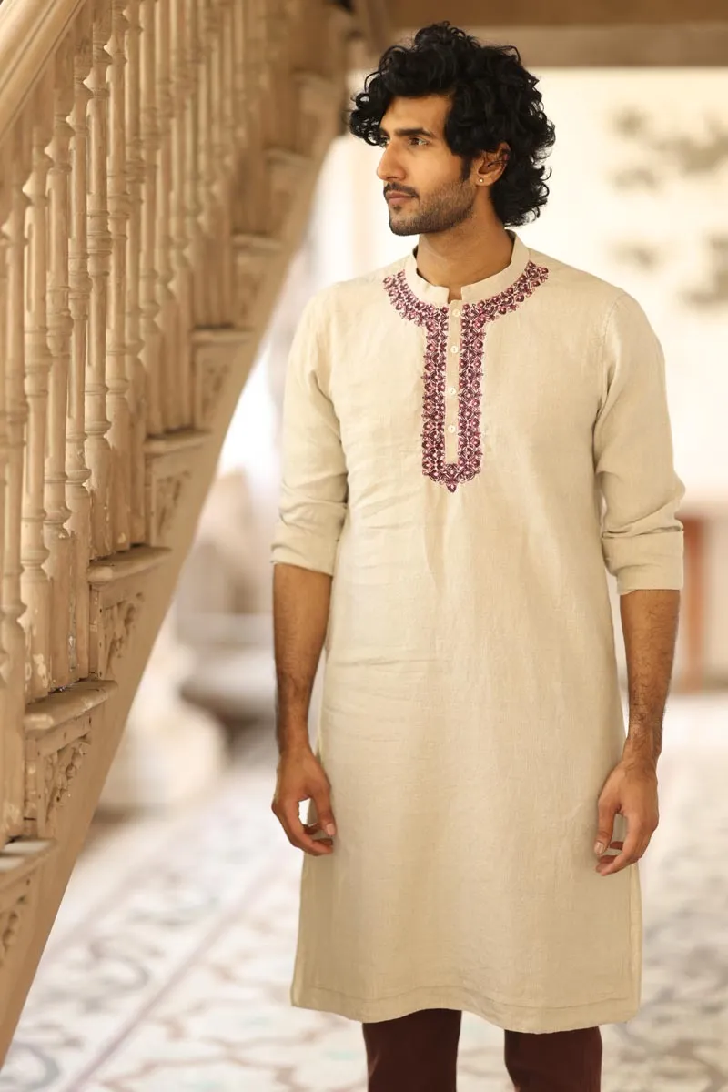 Natural Colour Placket Embroidered Kurta Set