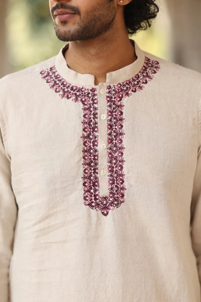 Natural Colour Placket Embroidered Kurta Set
