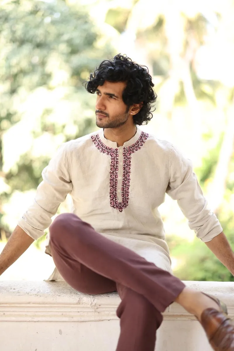 Natural Colour Placket Embroidered Kurta Set