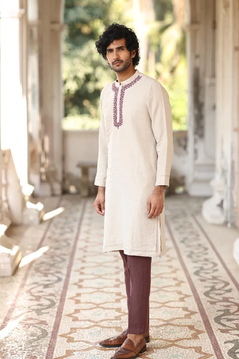 Natural Colour Placket Embroidered Kurta Set