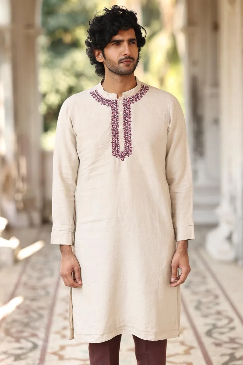 Natural Colour Placket Embroidered Kurta Set
