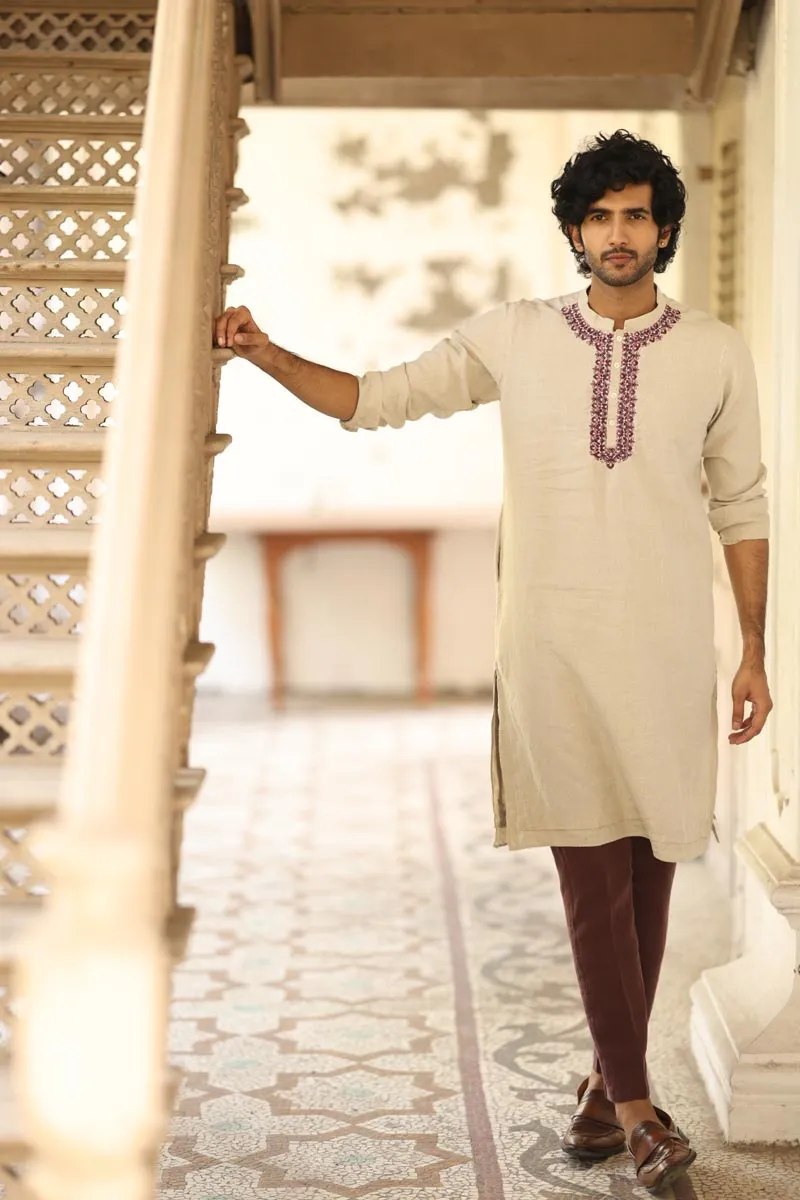 Natural Colour Placket Embroidered Kurta Set