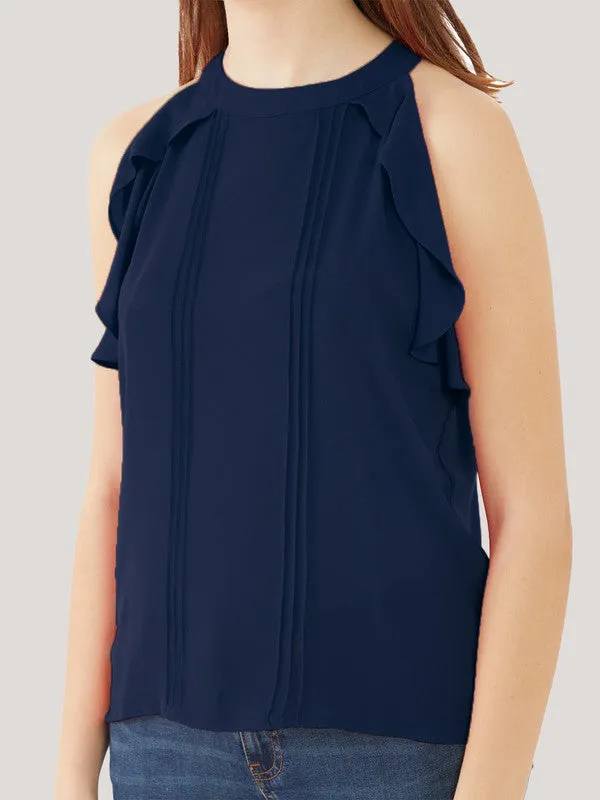 Navy Blue Solid Ruffled Top for Women