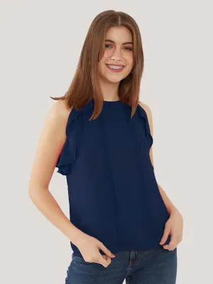 Navy Blue Solid Ruffled Top for Women