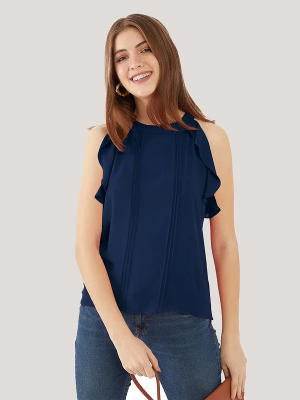 Navy Blue Solid Ruffled Top for Women
