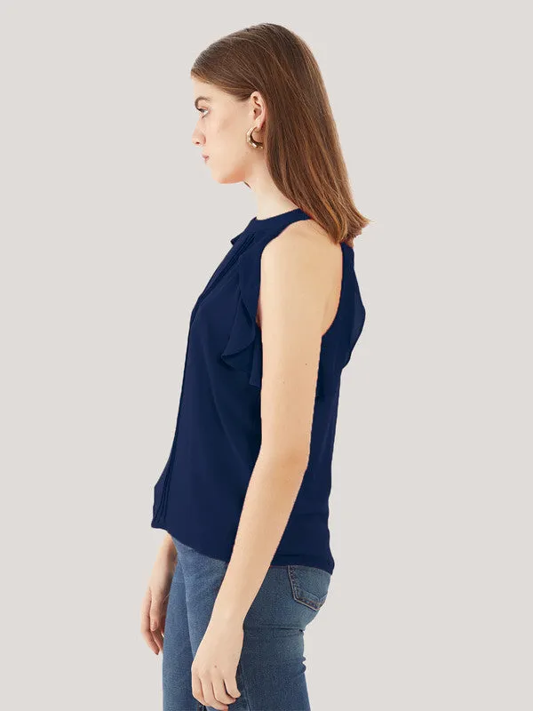 Navy Blue Solid Ruffled Top for Women