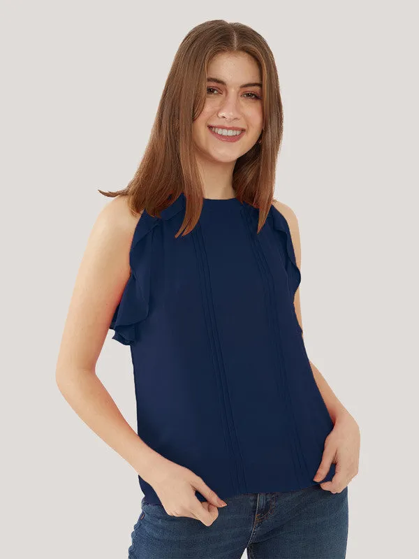 Navy Blue Solid Ruffled Top for Women