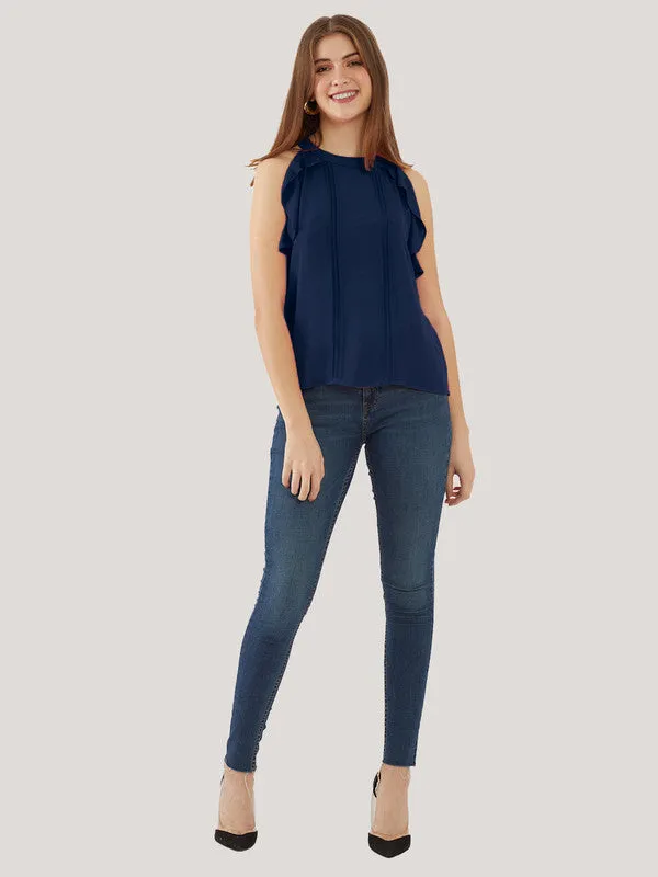 Navy Blue Solid Ruffled Top for Women