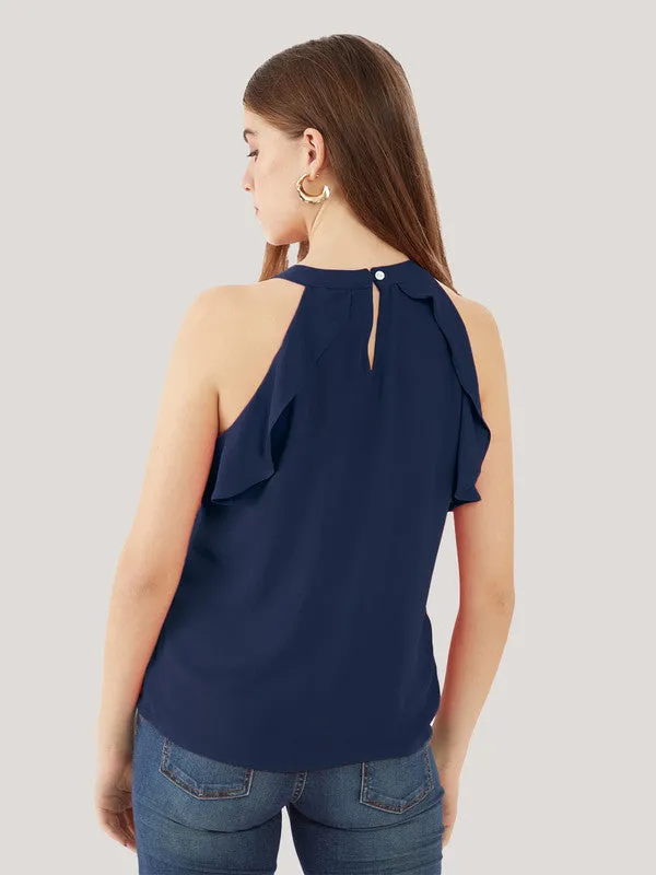 Navy Blue Solid Ruffled Top for Women