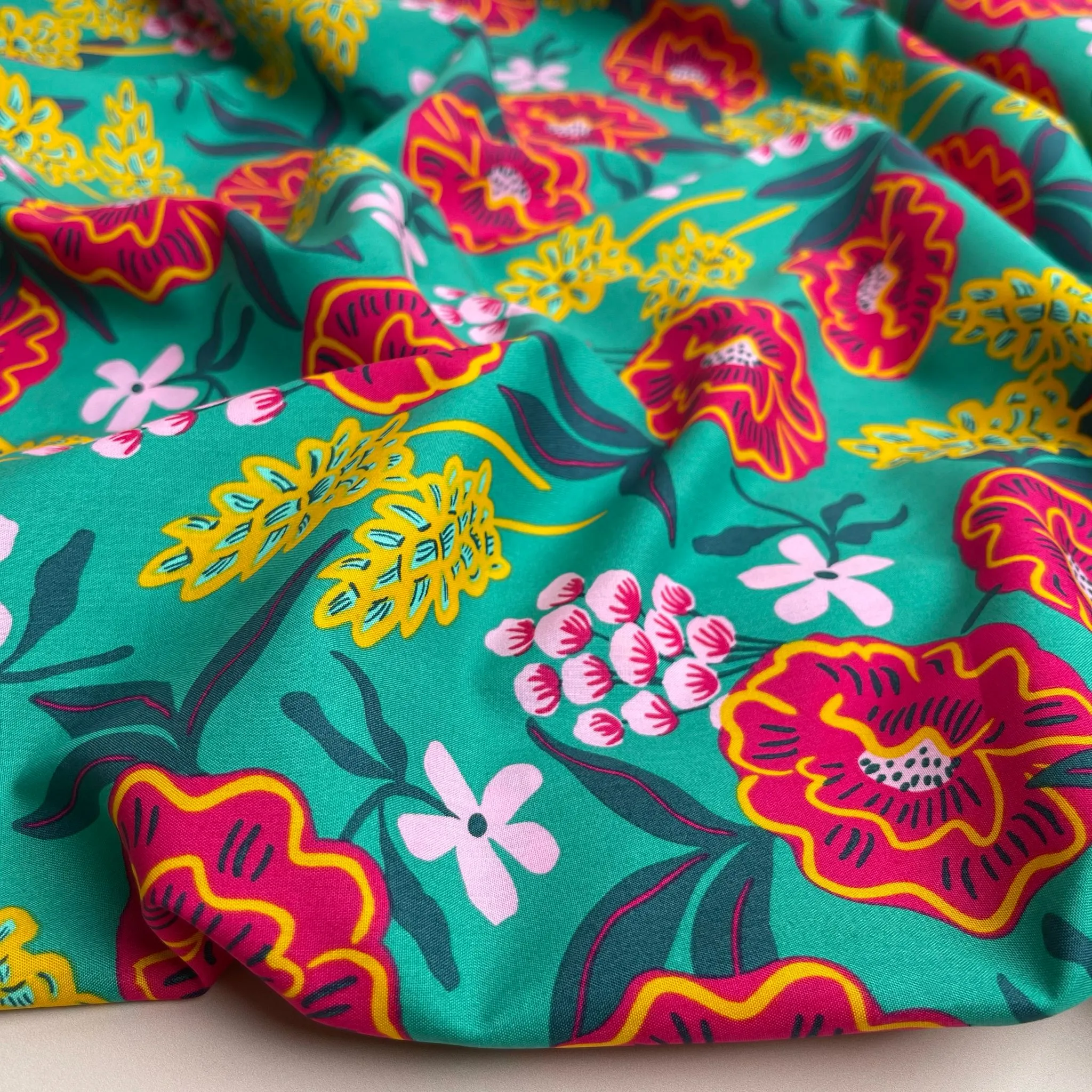 Nerida Hansen - Fresh Flowers on Green Cotton Poplin Fabric