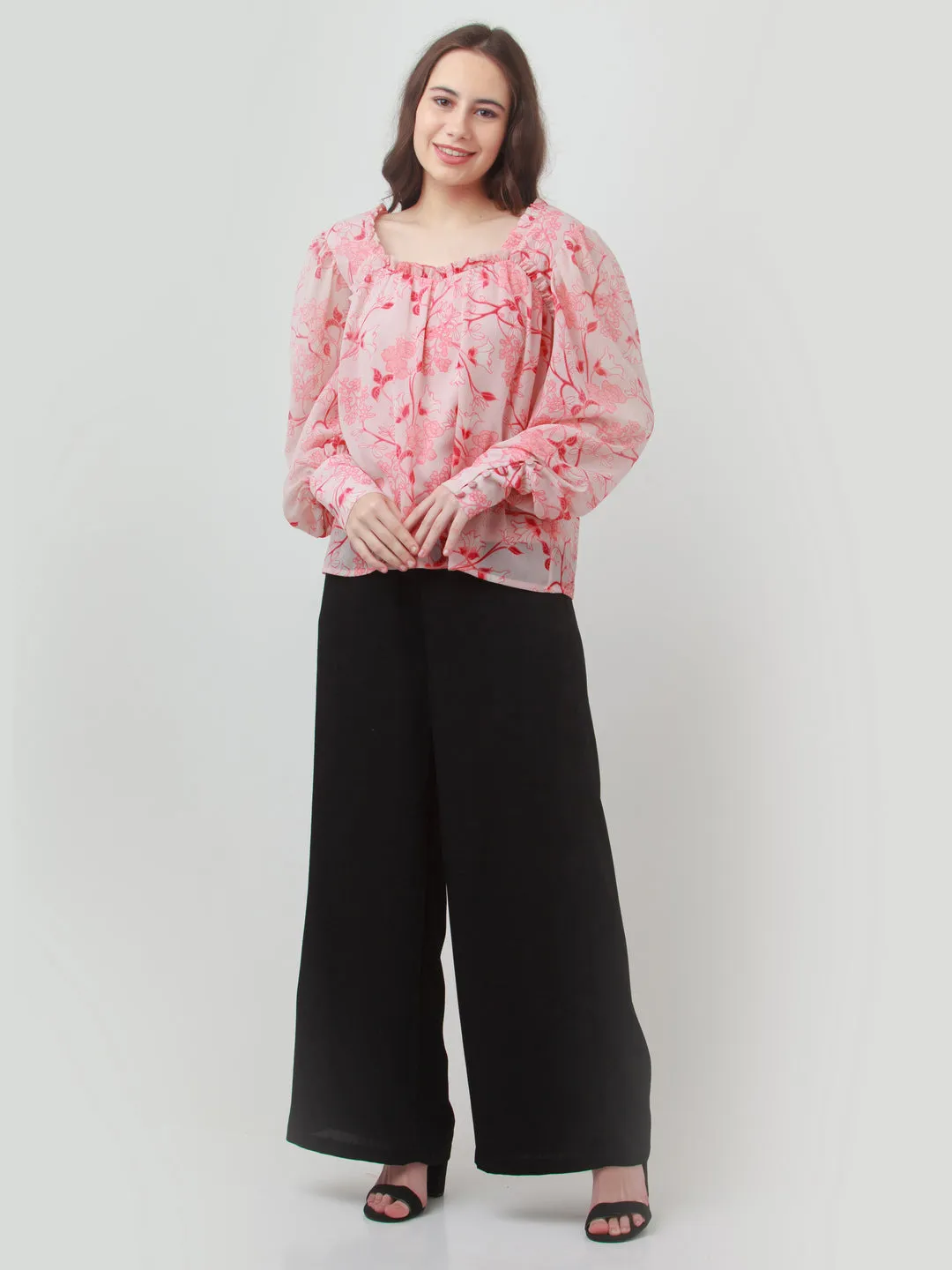 Pink Floral Print Gathered Top