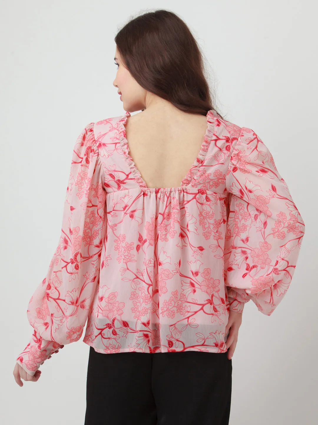 Pink Floral Print Gathered Top