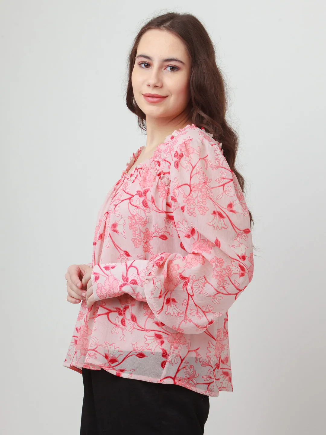 Pink Floral Print Gathered Top