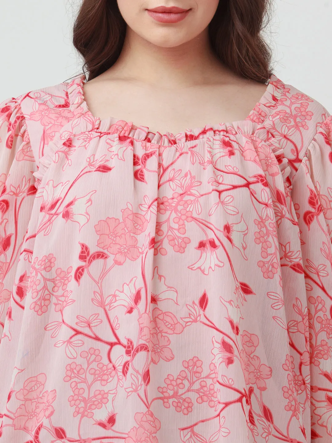 Pink Floral Print Gathered Top