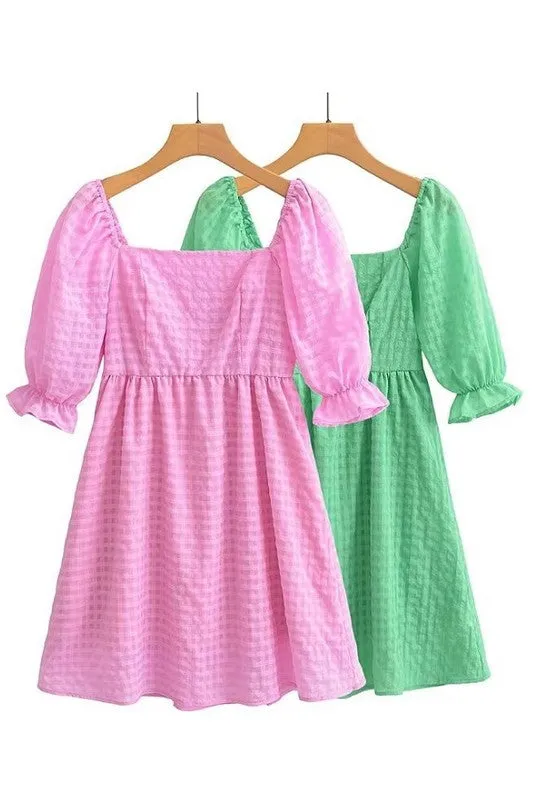 Plaid Short Puff Sleeve Dress