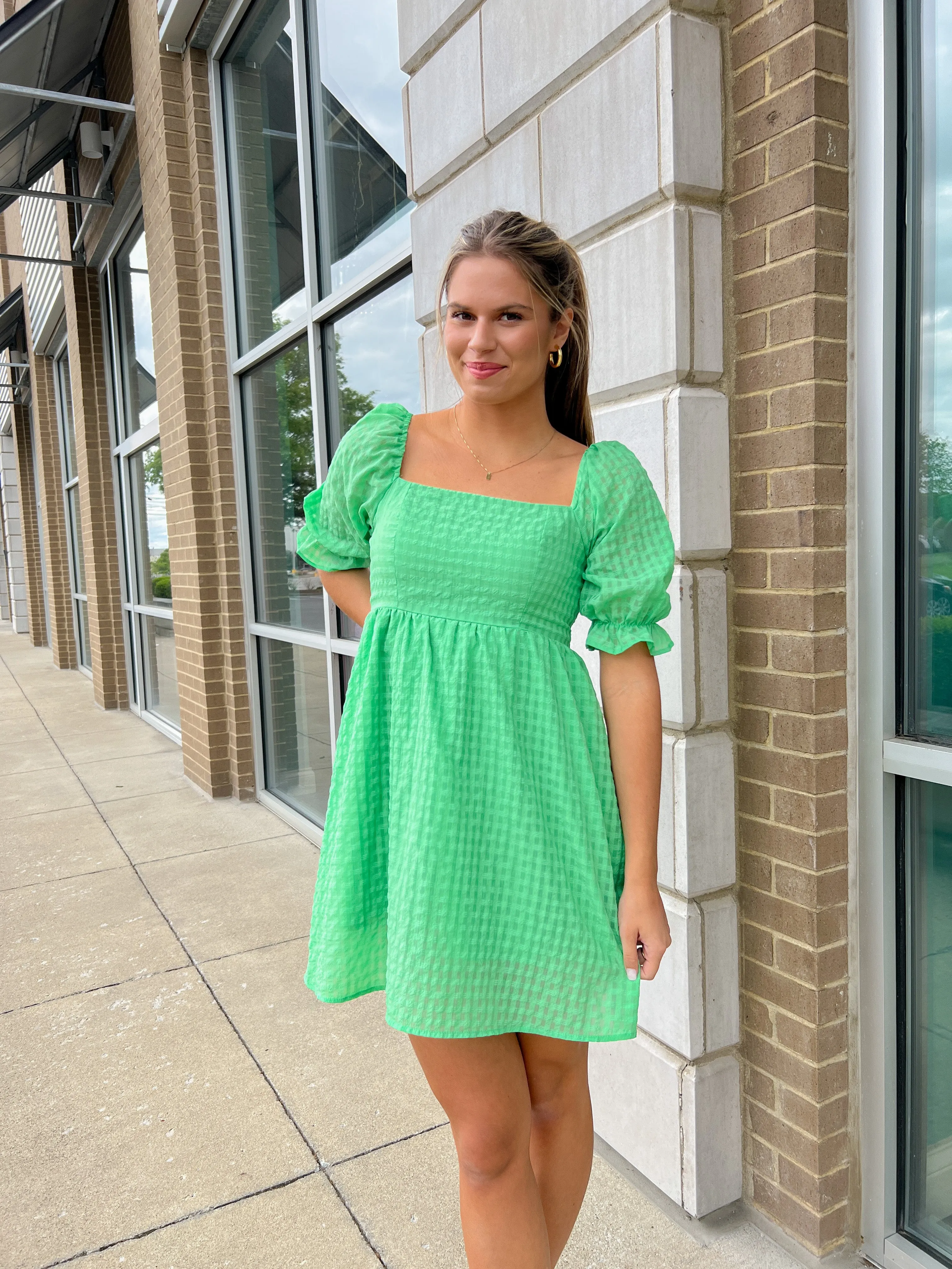 Plaid Short Puff Sleeve Dress