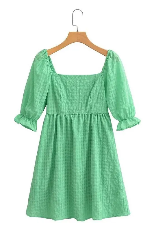 Plaid Short Puff Sleeve Dress