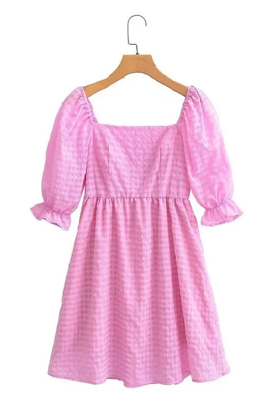 Plaid Short Puff Sleeve Dress