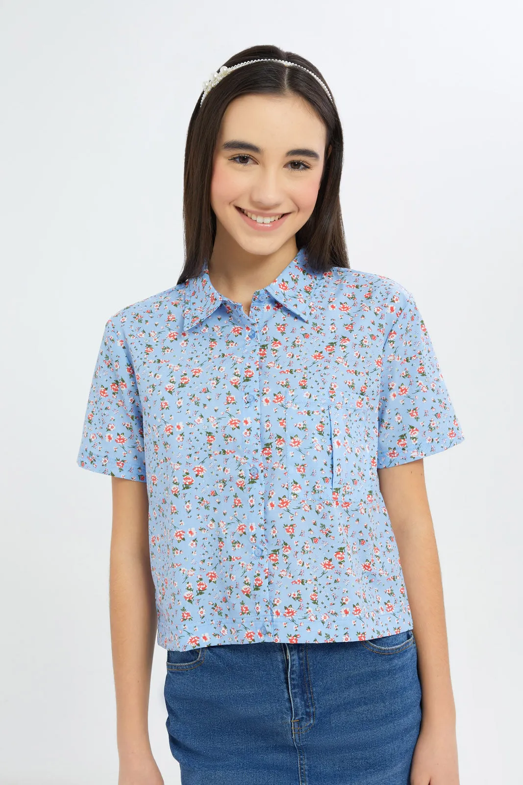 Senior Girls Blue Floral Shirt