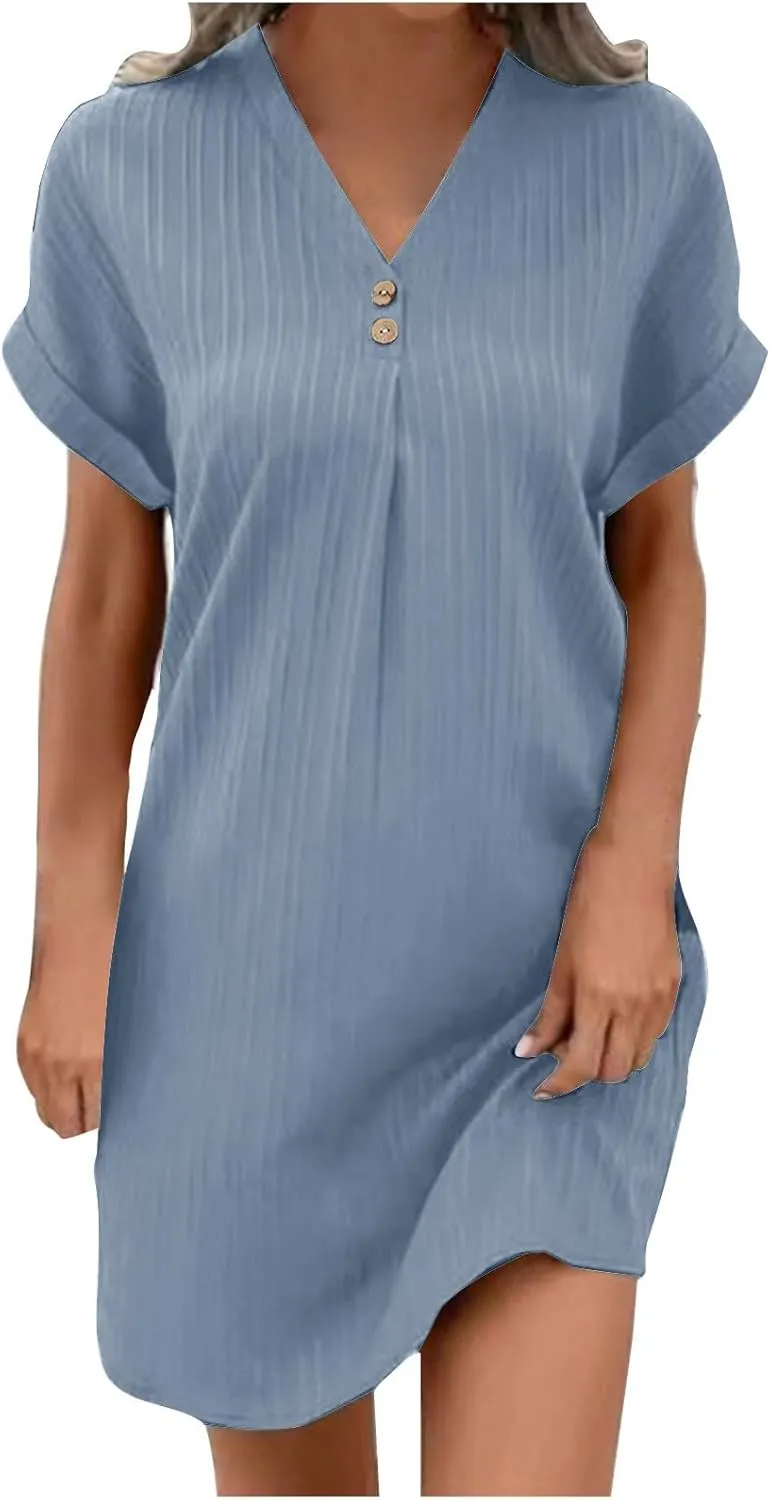 Sinzelimin Shirts Dresses for Women Summer Fashion Button up V-Neck Short Sleeve Loose Comfy Midi Dress Beach Casual Sundress