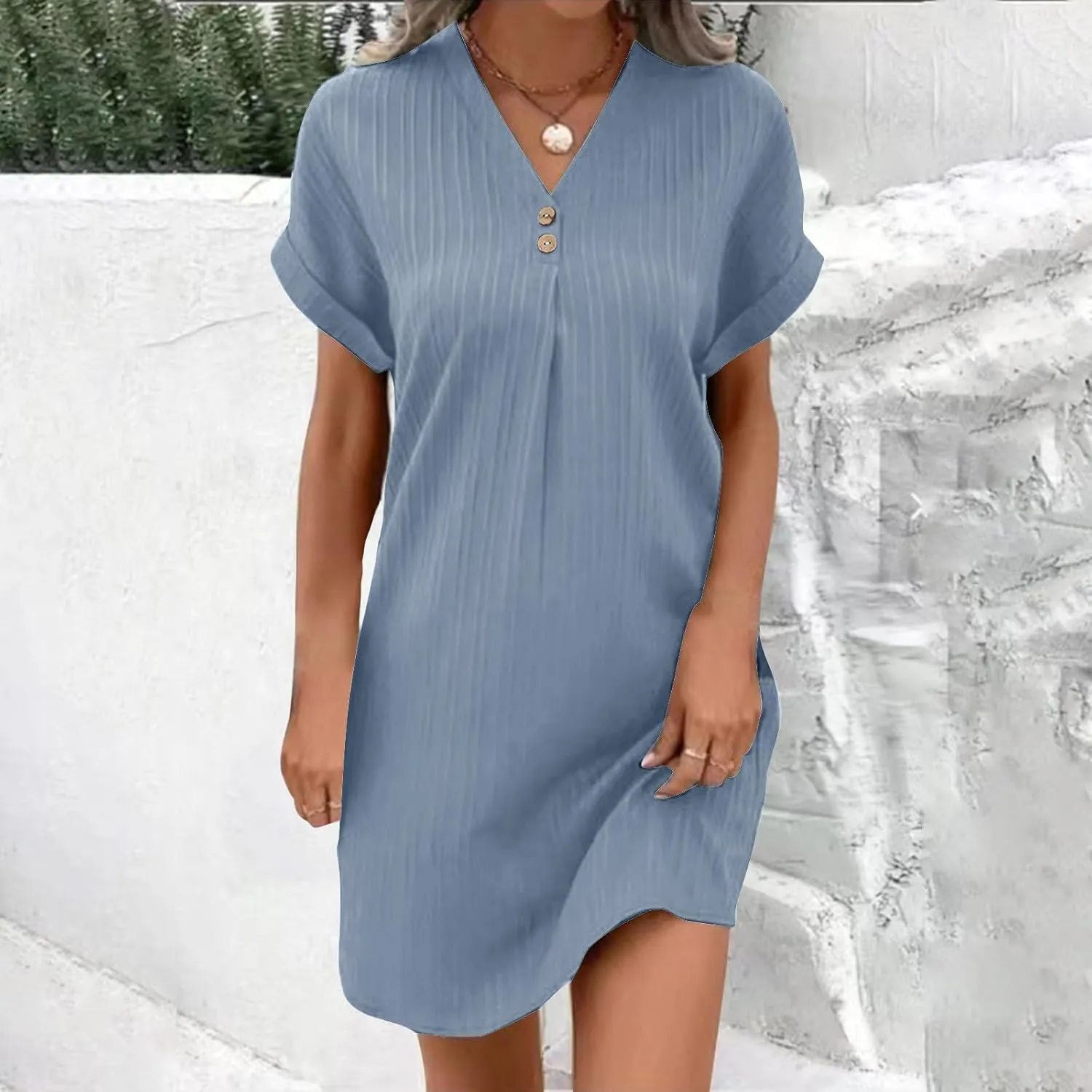 Sinzelimin Shirts Dresses for Women Summer Fashion Button up V-Neck Short Sleeve Loose Comfy Midi Dress Beach Casual Sundress