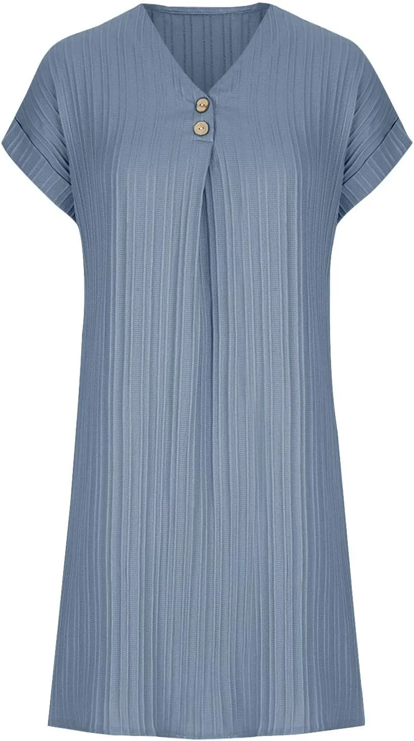 Sinzelimin Shirts Dresses for Women Summer Fashion Button up V-Neck Short Sleeve Loose Comfy Midi Dress Beach Casual Sundress