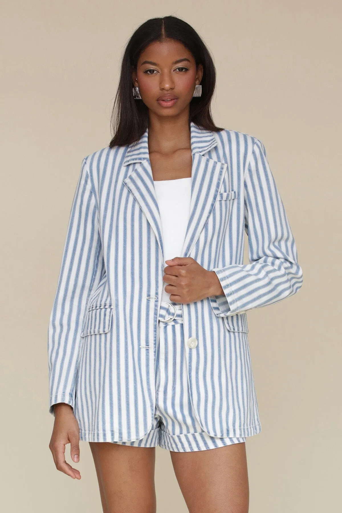 Striped Cotton Blend Tailored Blazer