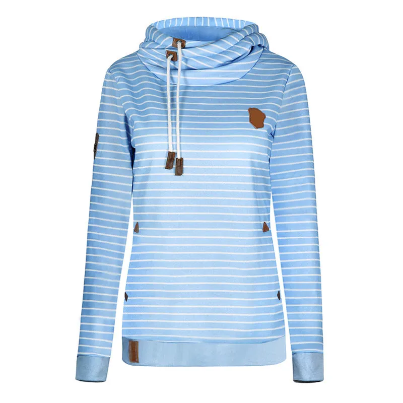 Stripes High Neck Drawstring Pocket Slim Hoodie