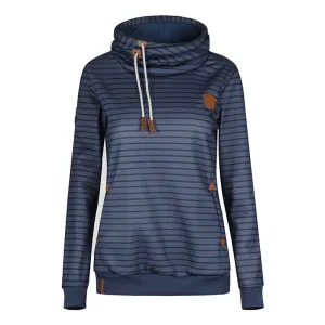 Stripes High Neck Drawstring Pocket Slim Hoodie