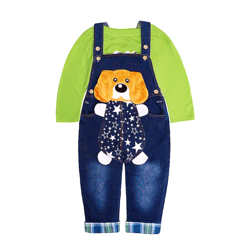Toddler Cartoon Dog Overalls Green T-shirt Set