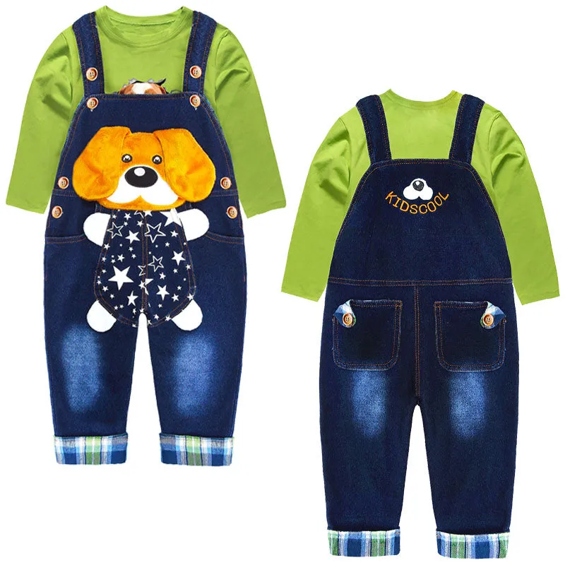 Toddler Cartoon Dog Overalls Green T-shirt Set