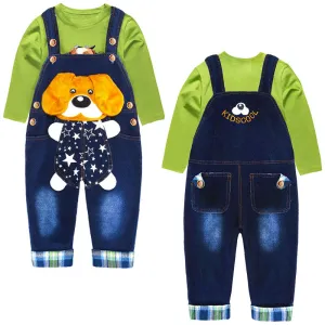 Toddler Cartoon Dog Overalls Green T-shirt Set