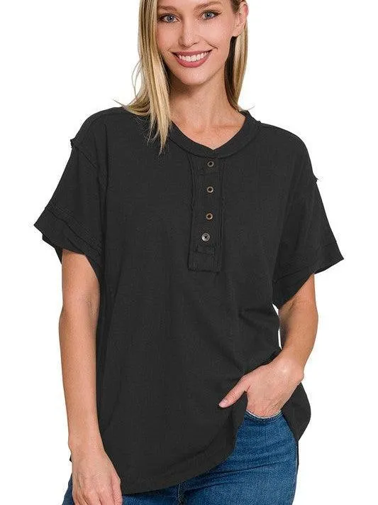 Tucks   Buttons Short Sleeve Raw Edge Oversized Shirt