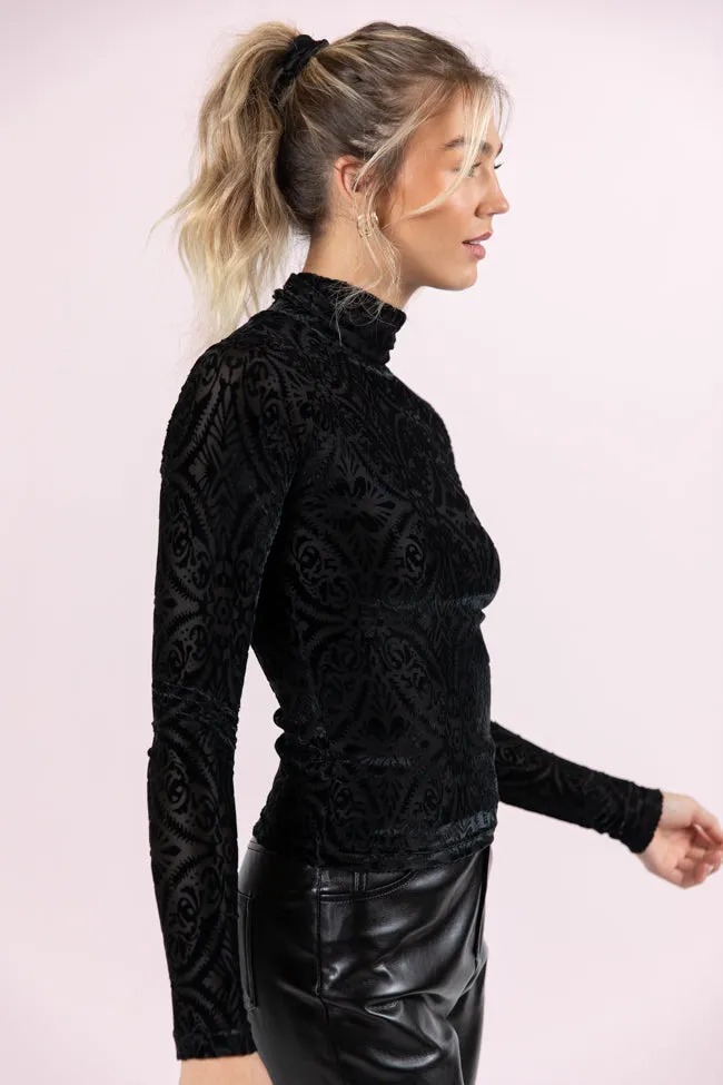 What A Wonderful World Black Velvet Printed Turtleneck Blouse FINAL SALE