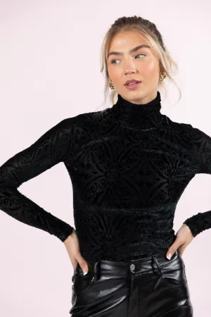 What A Wonderful World Black Velvet Printed Turtleneck Blouse FINAL SALE