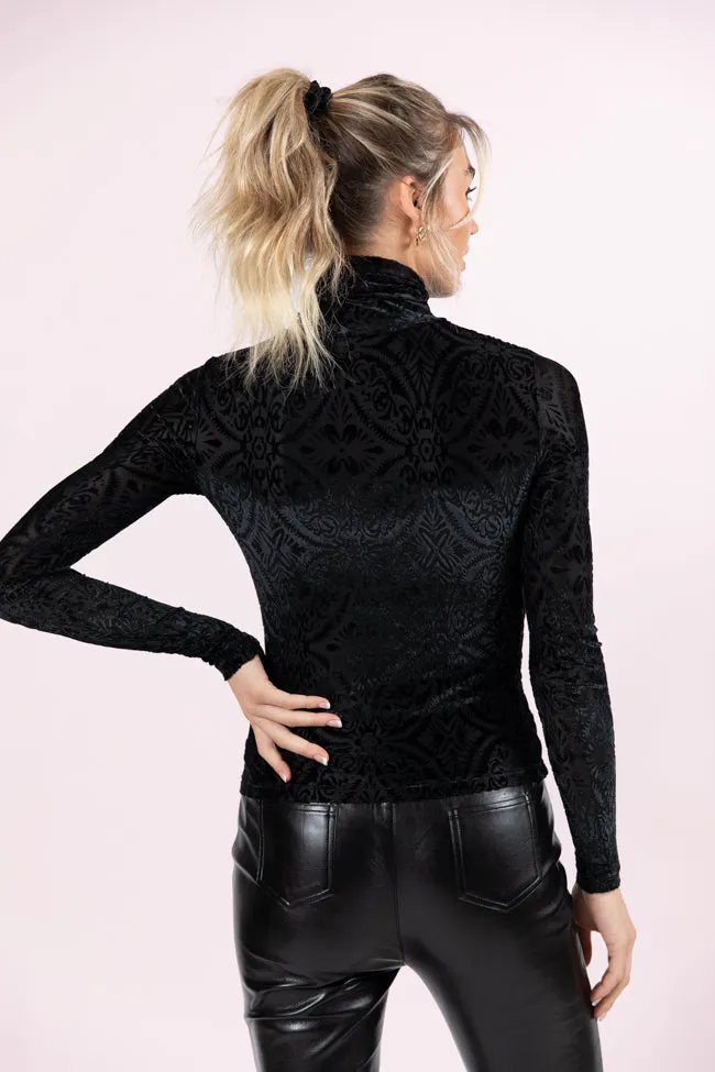 What A Wonderful World Black Velvet Printed Turtleneck Blouse FINAL SALE