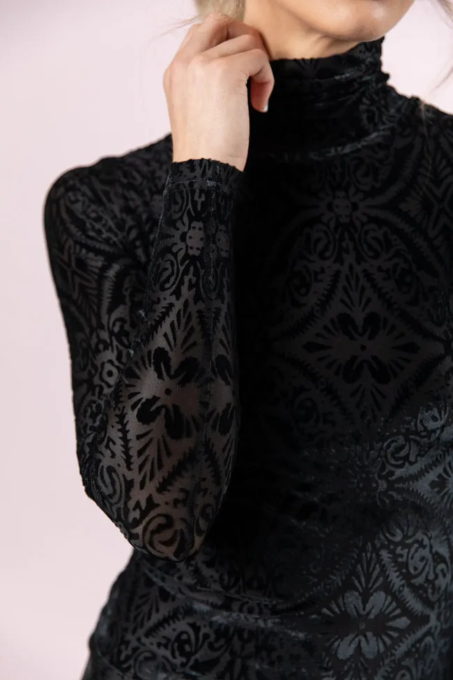 What A Wonderful World Black Velvet Printed Turtleneck Blouse FINAL SALE