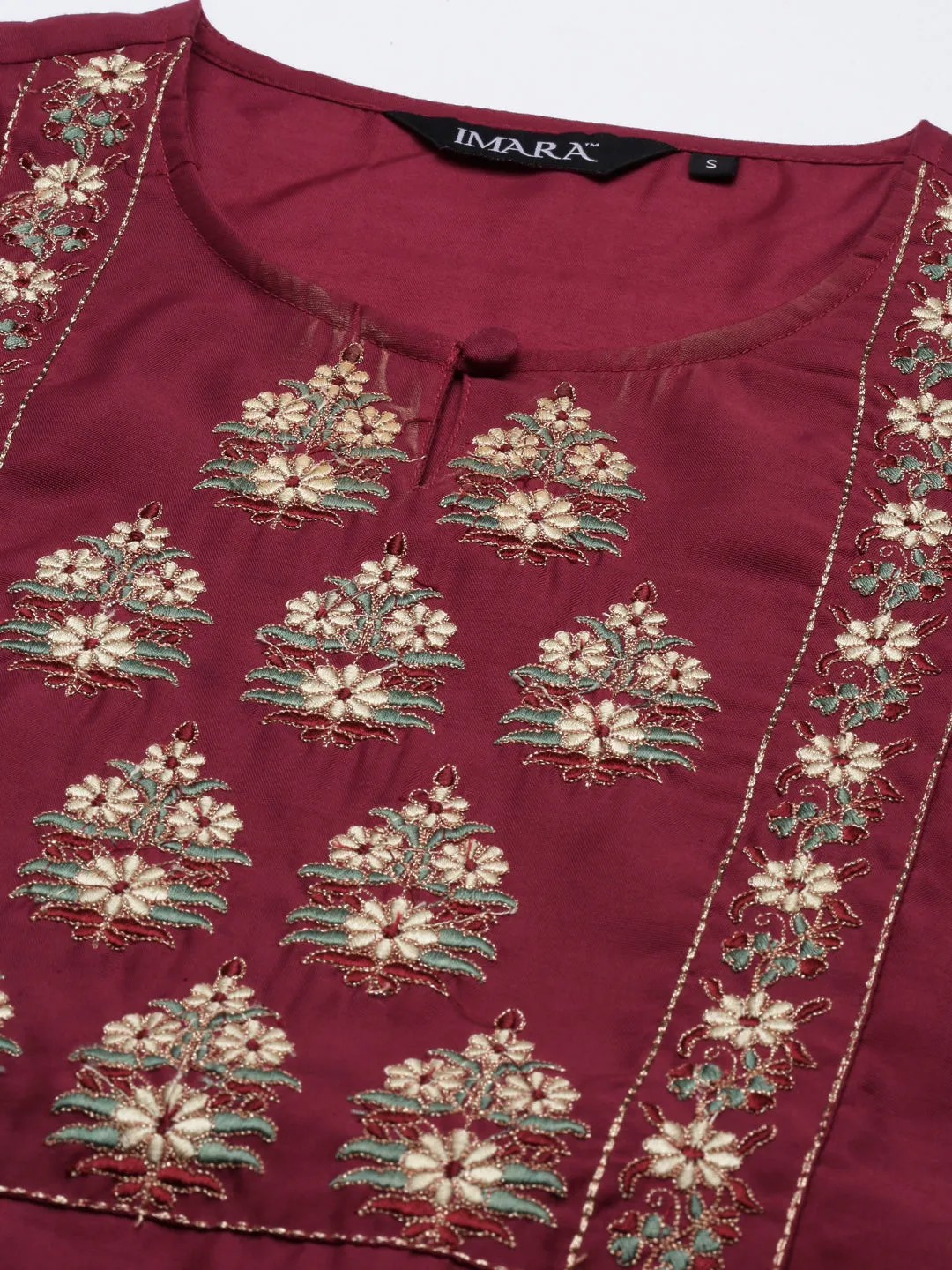Wine Embroidered Straight Kurta Set