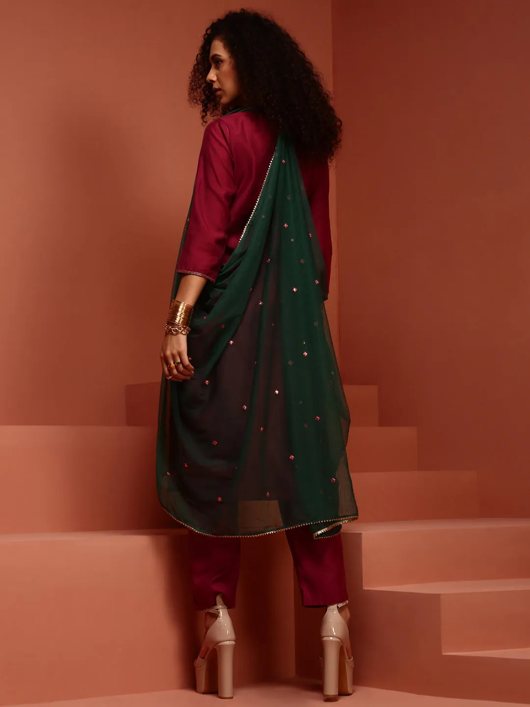 Wine Embroidered Straight Kurta Set