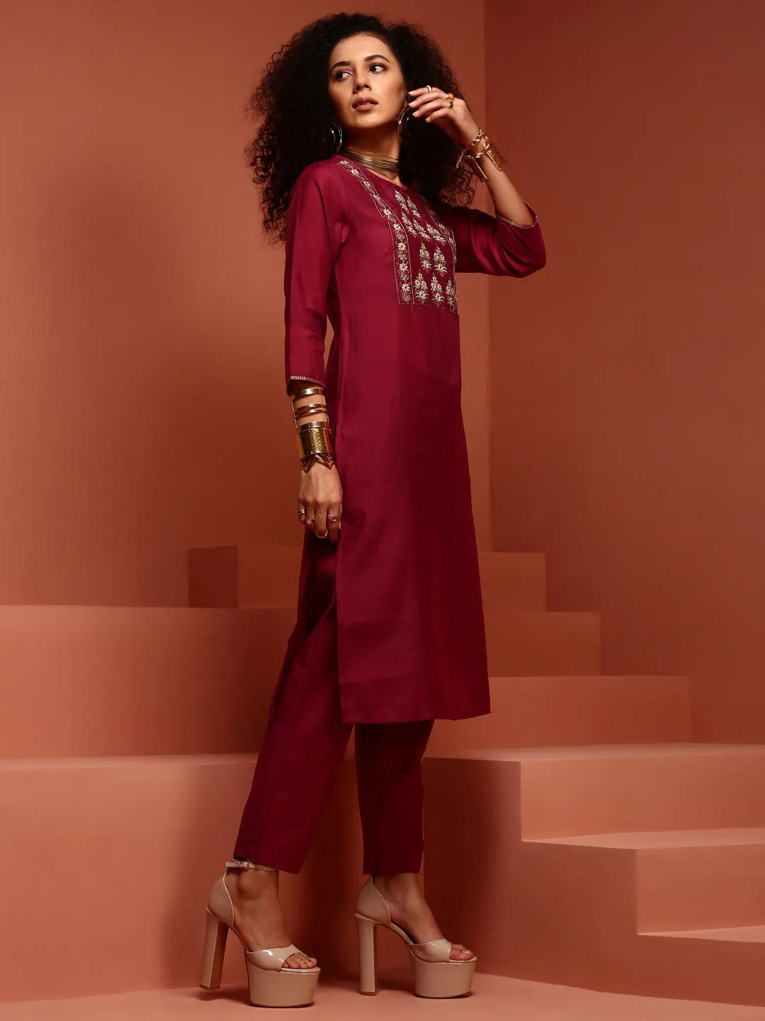Wine Embroidered Straight Kurta Set