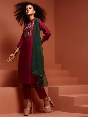 Wine Embroidered Straight Kurta Set