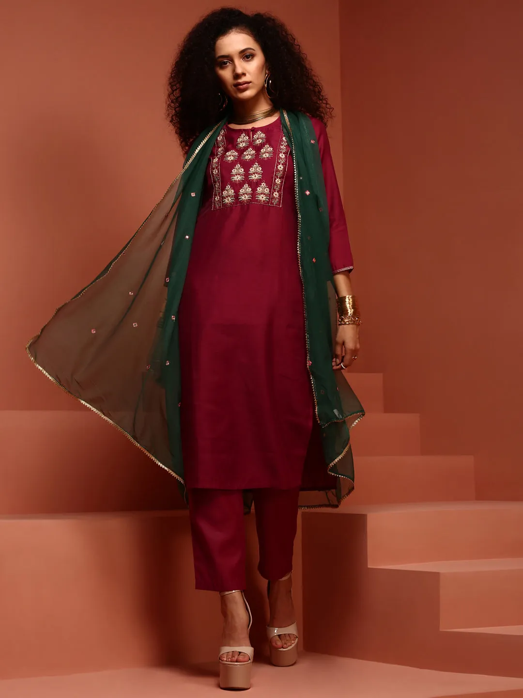 Wine Embroidered Straight Kurta Set