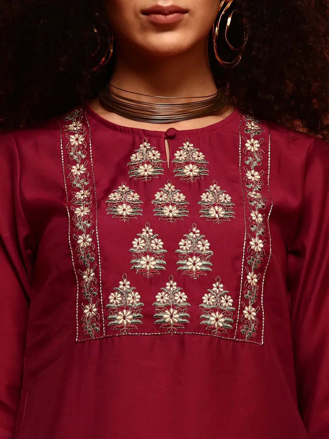 Wine Embroidered Straight Kurta Set
